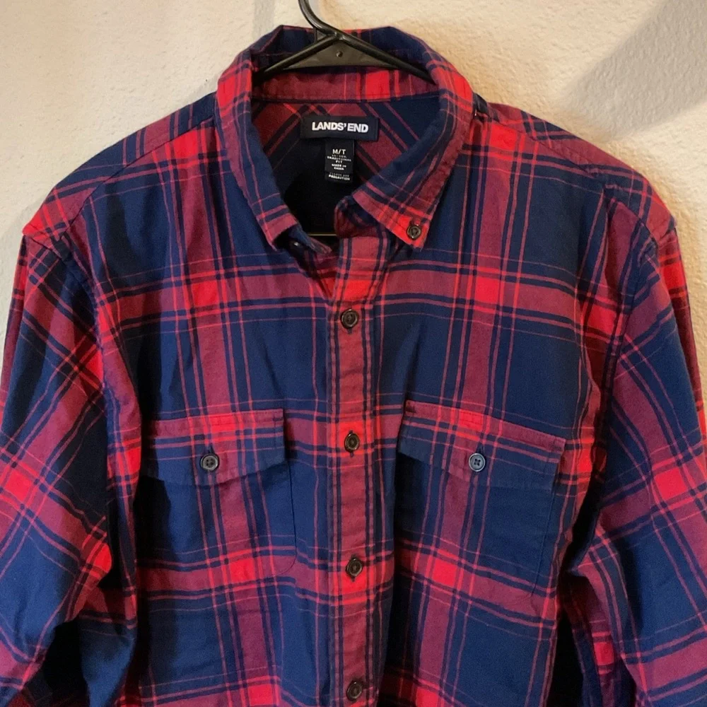 Lands' End Men's Casual Plaid Shirt - Navy and Crimson - Picture 3 of 9